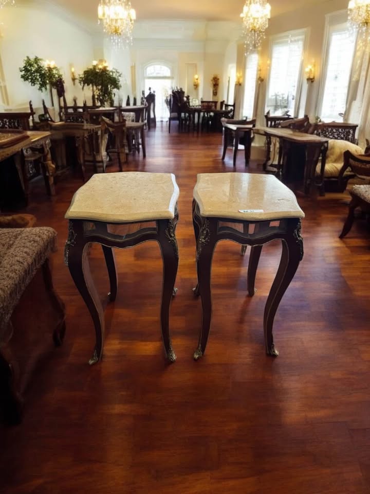 Pair of Louis XV Style Marble Top Bronze Mounted Side Tables – Cabriole Legs, 30” Tall