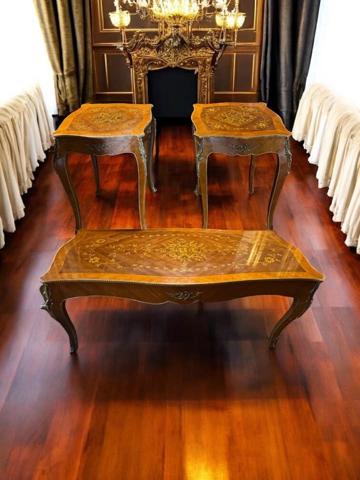Exquisite French Inlaid Coffee & Side Table Set – Bronze Ormolu Accents