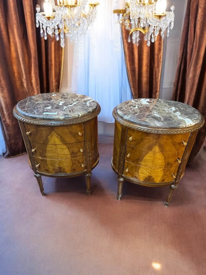 Pair of Vintage Marble Top Inlaid Side Tables – French Louis XVI Style