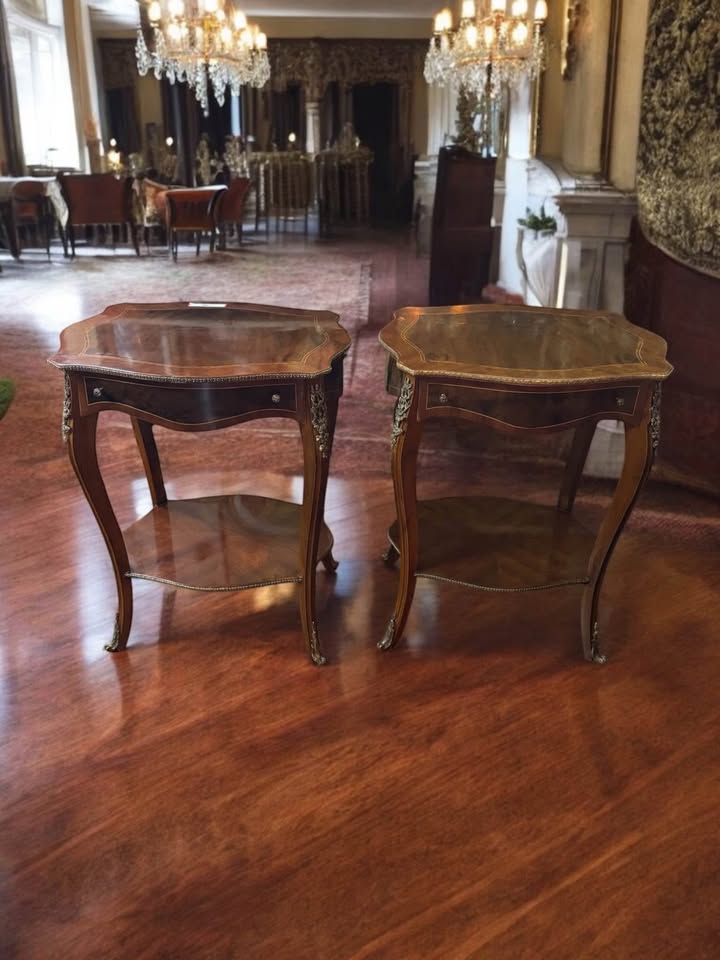 Pair of Louis XV Style Parquetry Inlaid Side Tables with Bronze