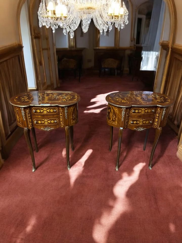 Pair of Bombe Inlaid French Kidney Side Tables – Marquetry & Ormolu Accents, 30.5” Tall