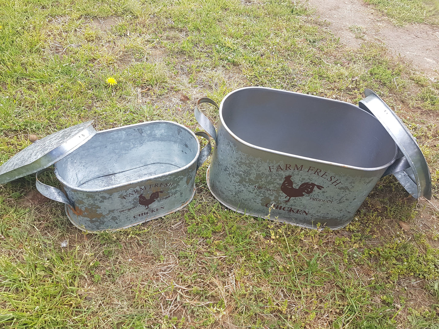 Tin - Galvanized Oval Farm Fresh Chicken Container with Lid-Jantiques LLC.