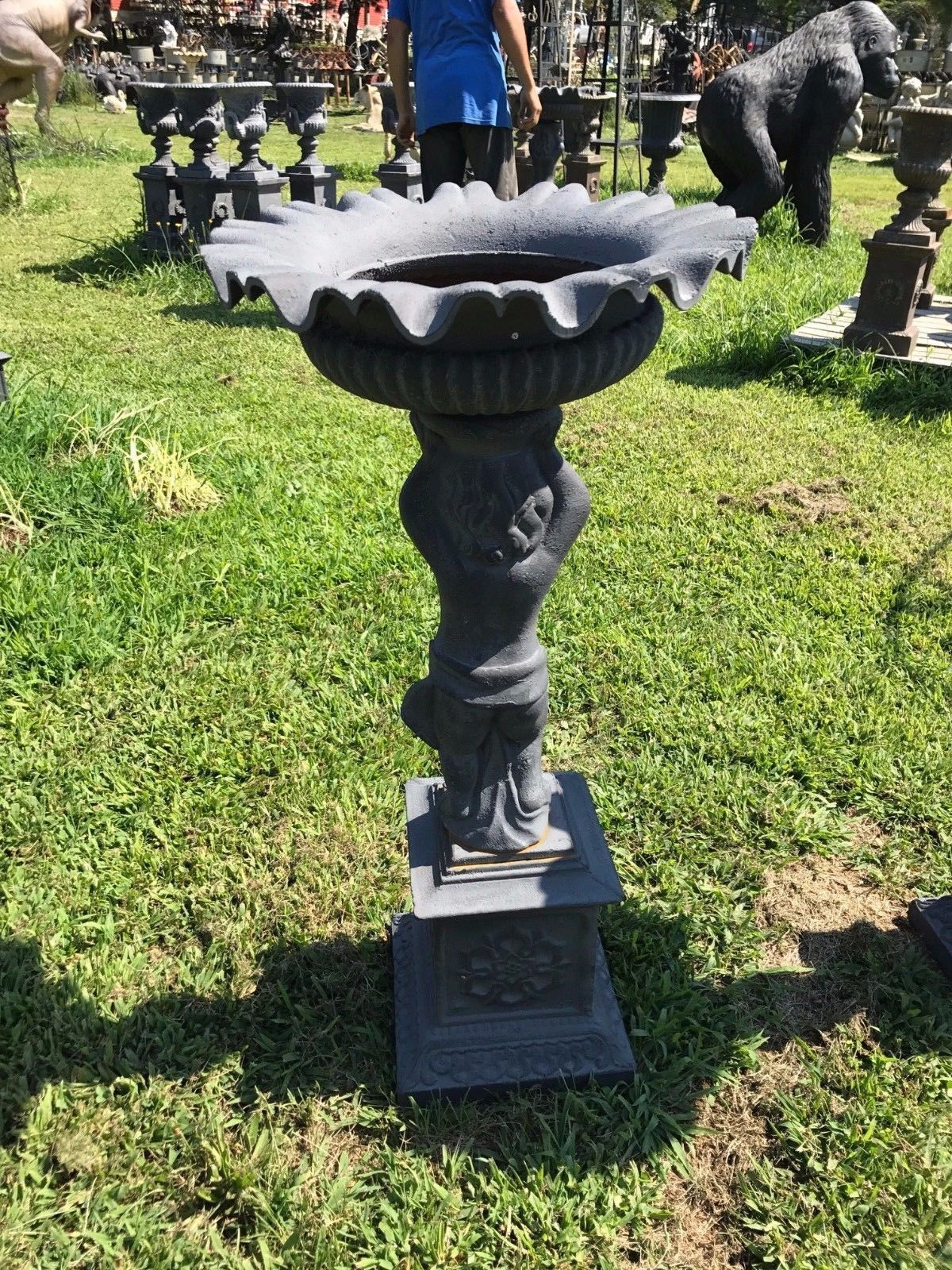 Urns Cast Iron - Pair Tall Cherub-Jantiques LLC.