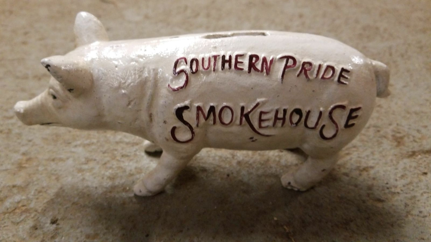 PIG Bank - Cast Iron "Southern Pride SmokeHouse " Advertising-Jantiques LLC.