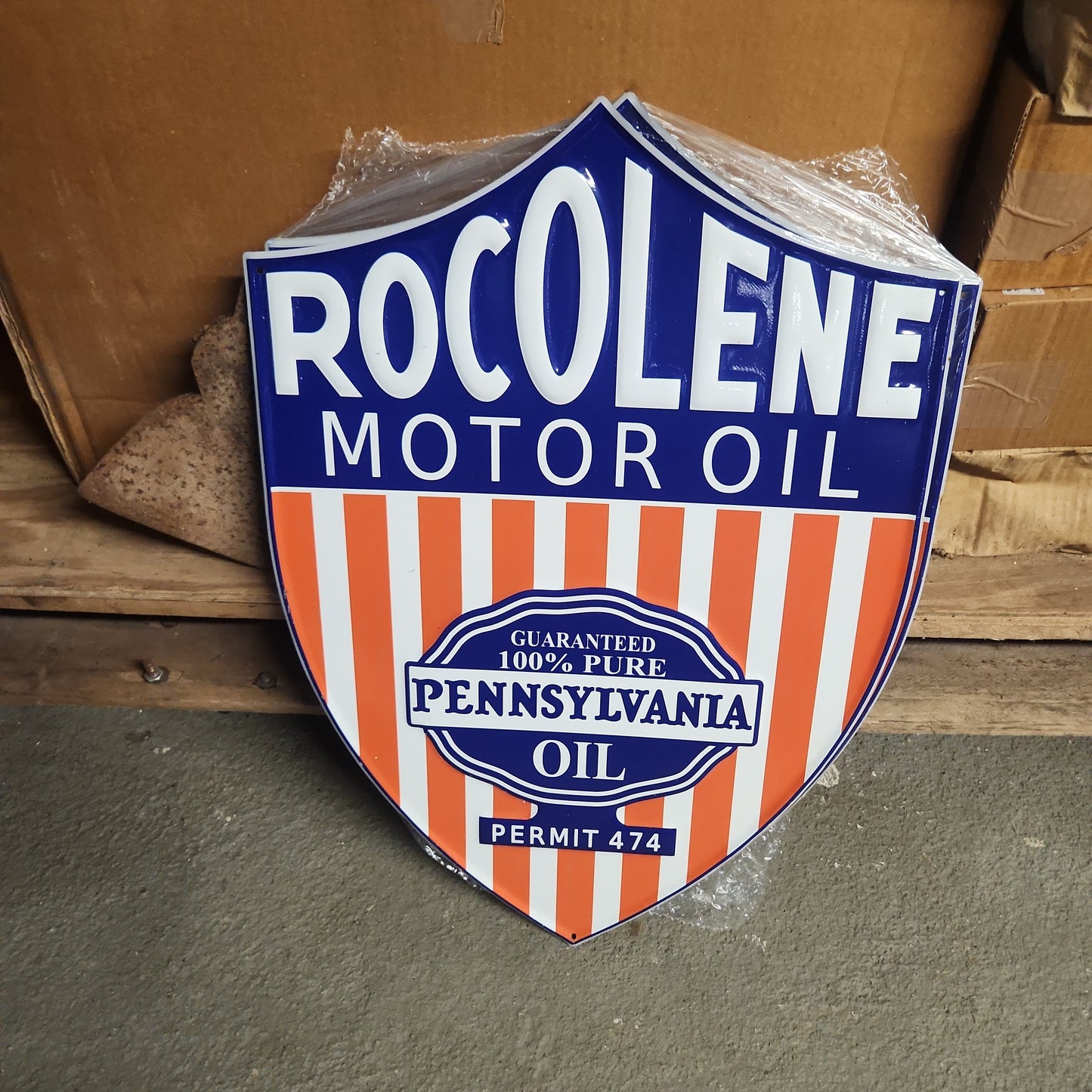 Rocolene motor oil automotive advertising sign-Jantiques LLC.