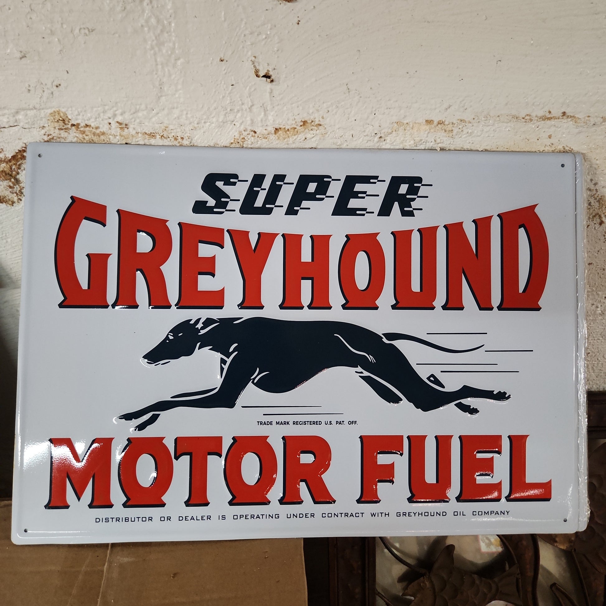 Super greyhound automotive advertising sign-Jantiques LLC.