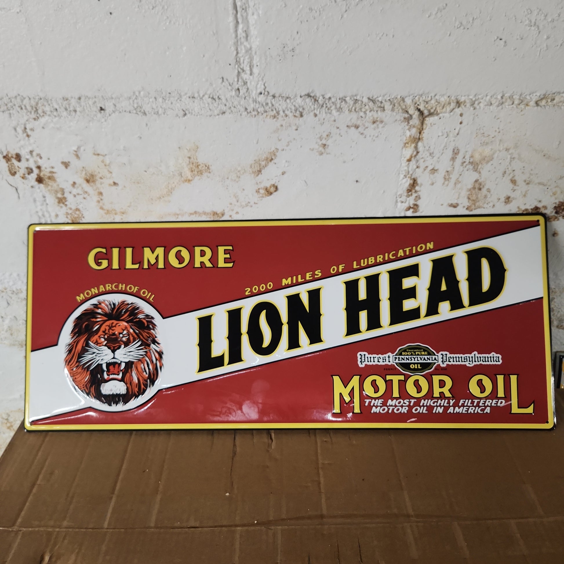 Gilmore lion head automotive advertising sign-Jantiques LLC.