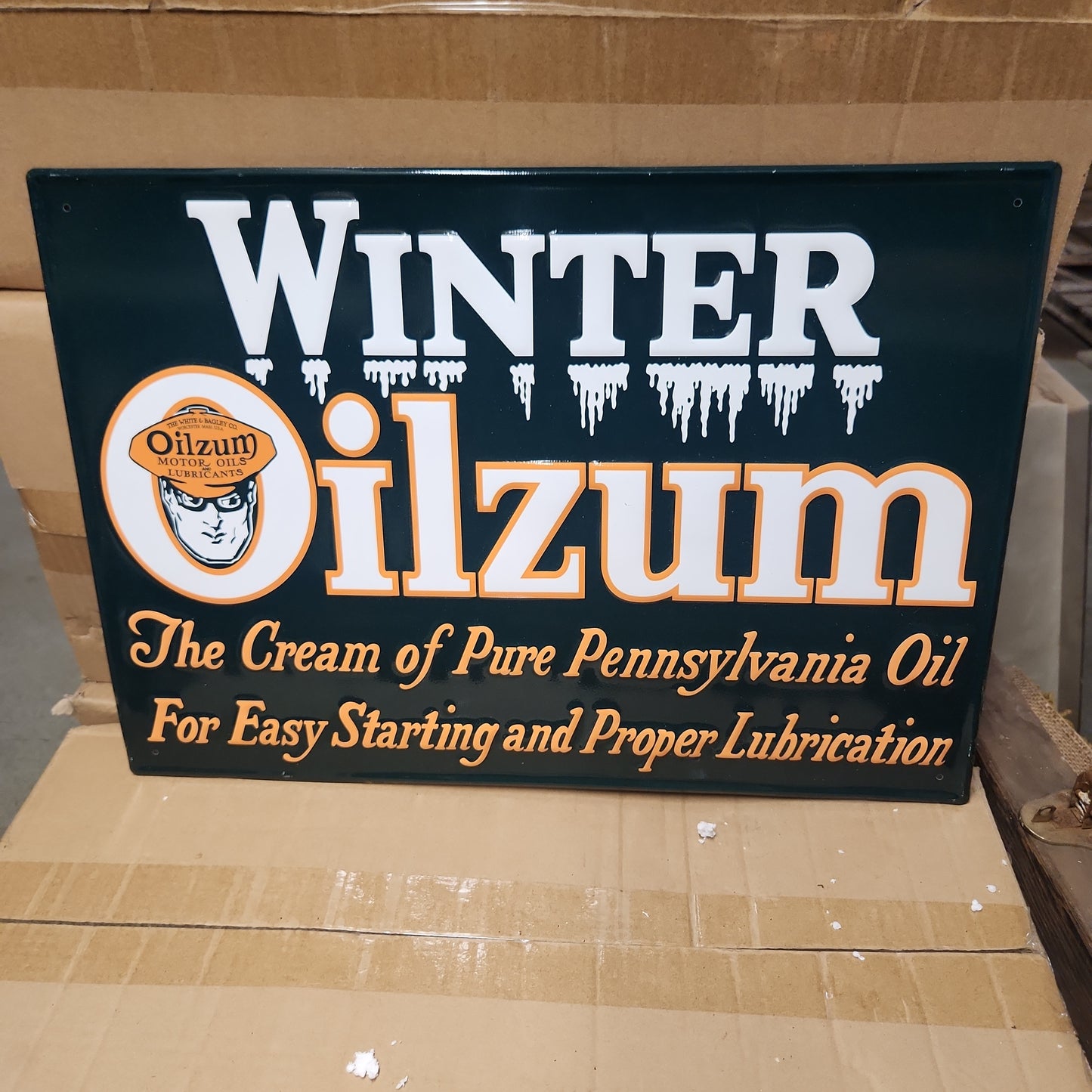 Winter oilzum automotive advertising sign-Jantiques LLC.