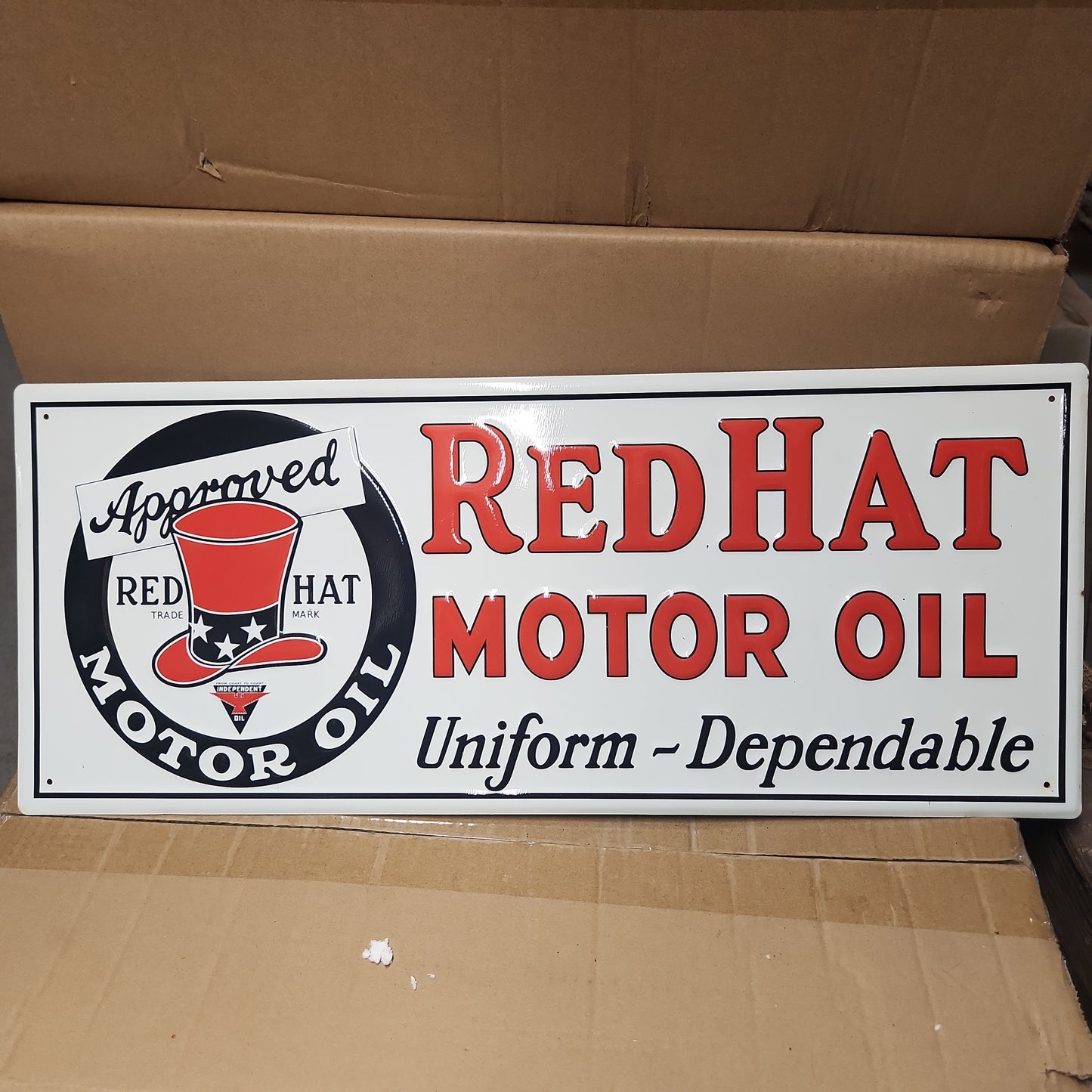 Red hat motor oil automotive advertising sign-Jantiques LLC.