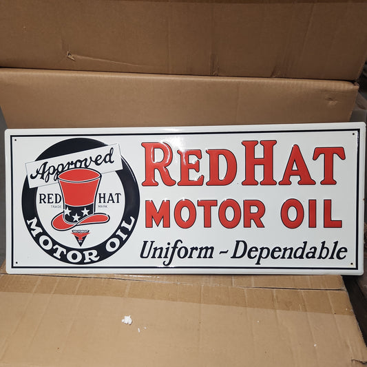 Red hat motor oil automotive advertising sign-Jantiques LLC.