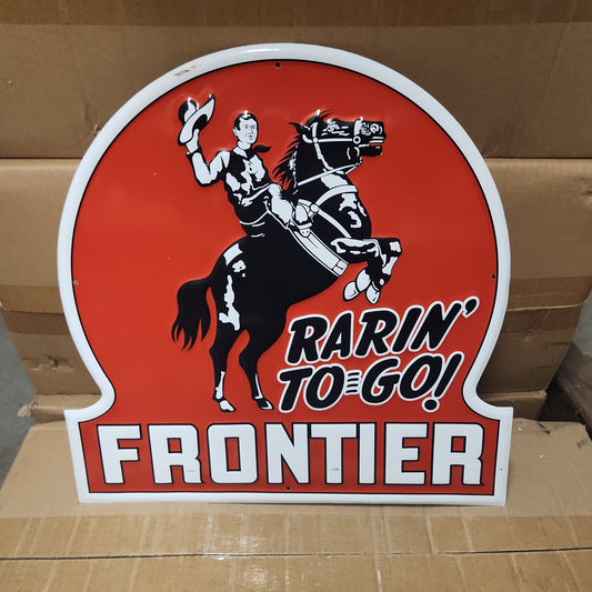 Frontier rarin to go gasoline automotive advertising sign-Jantiques LLC.