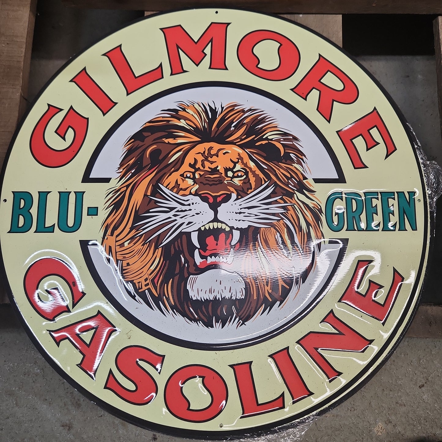 Gilmore blu green automotive advertising sign-Jantiques LLC.