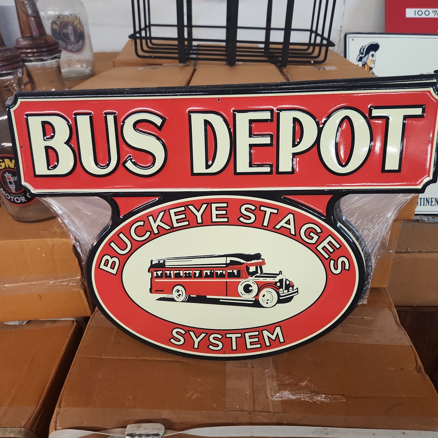 Bus depot automotive advertising sign.-Jantiques LLC.