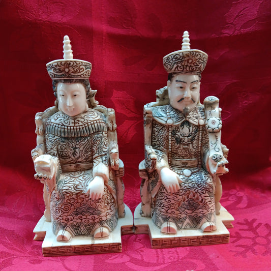 Emperor and Empress hand carved bone statue pair-Jantiques LLC.