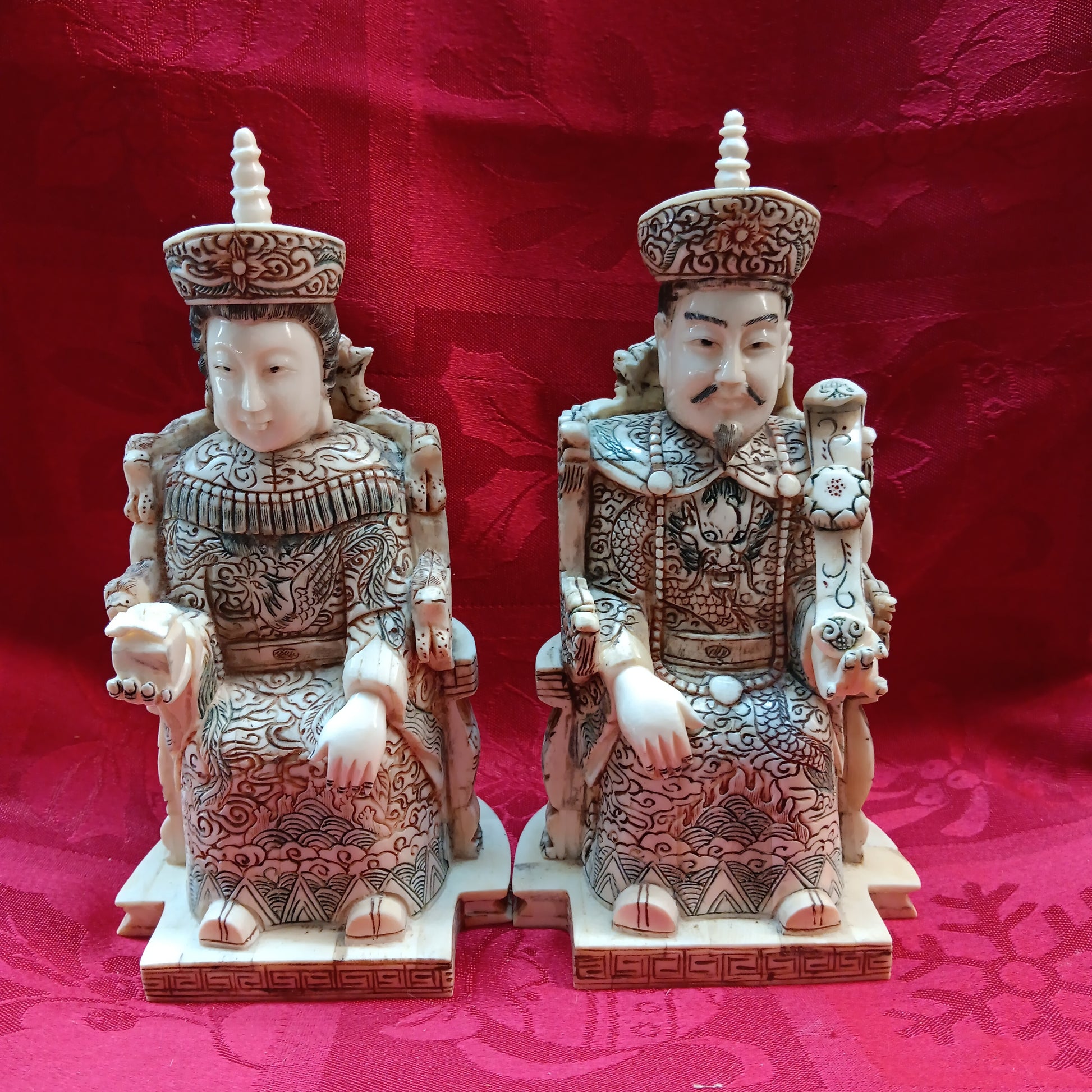 Emperor and Empress hand carved bone statue pair-Jantiques LLC.