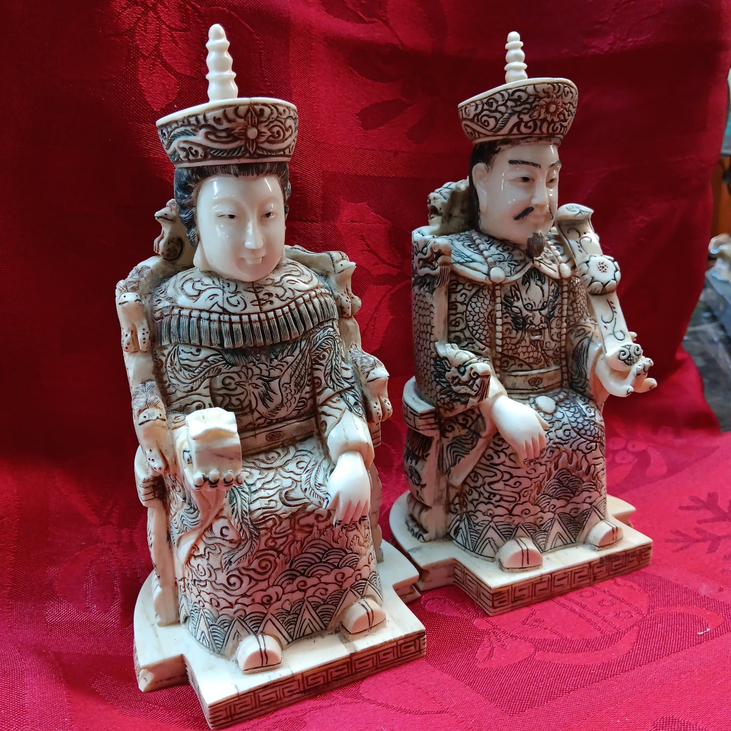 Emperor and Empress hand carved bone statue pair-Jantiques LLC.