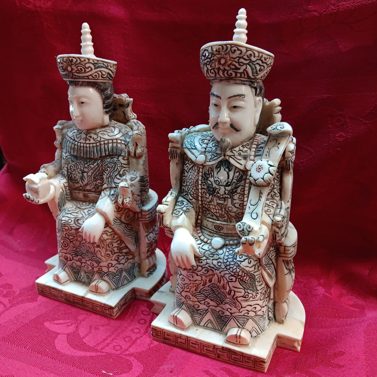 Emperor and Empress hand carved bone statue pair-Jantiques LLC.