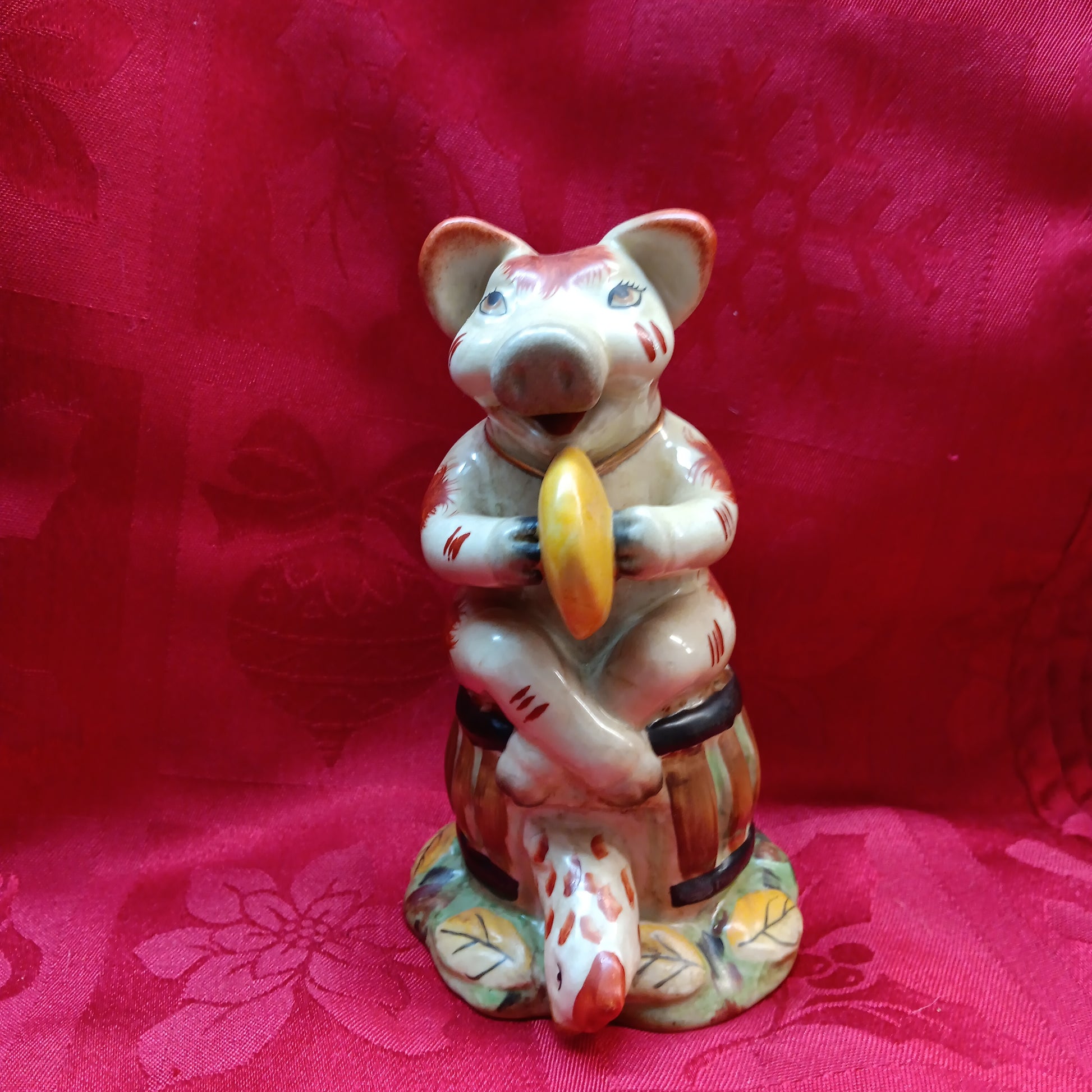 Staffordshire majolica musical pig playing cymbals-Jantiques LLC.