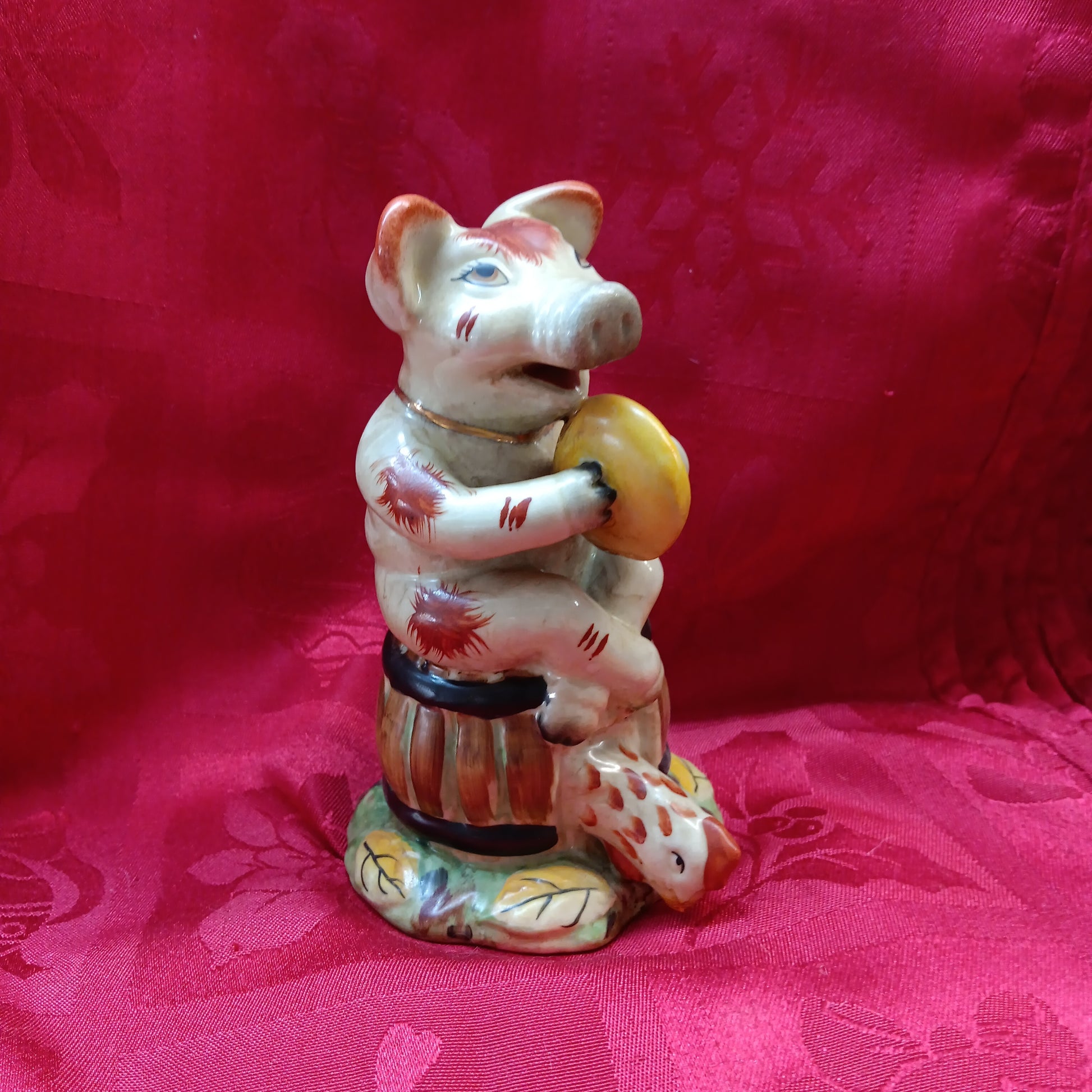 Staffordshire majolica musical pig playing cymbals-Jantiques LLC.