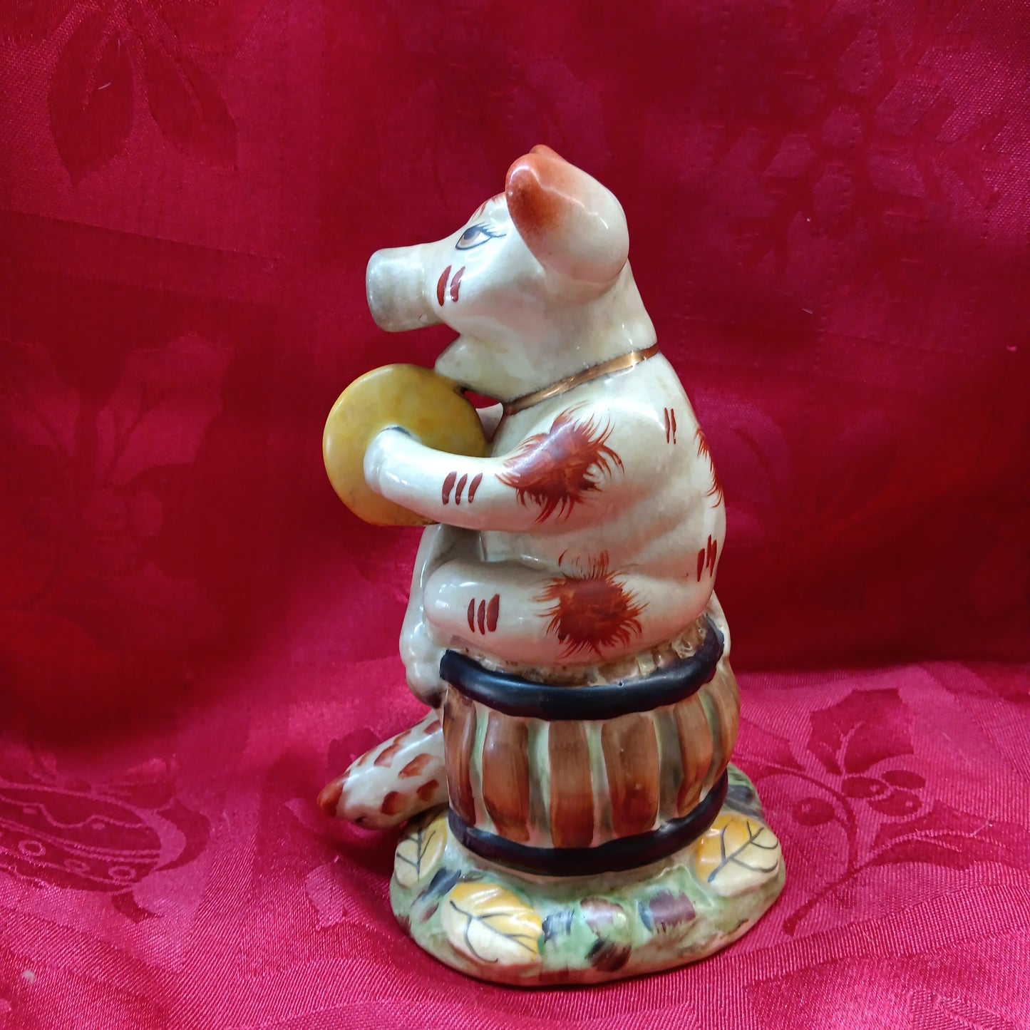 Staffordshire majolica musical pig playing cymbals-Jantiques LLC.