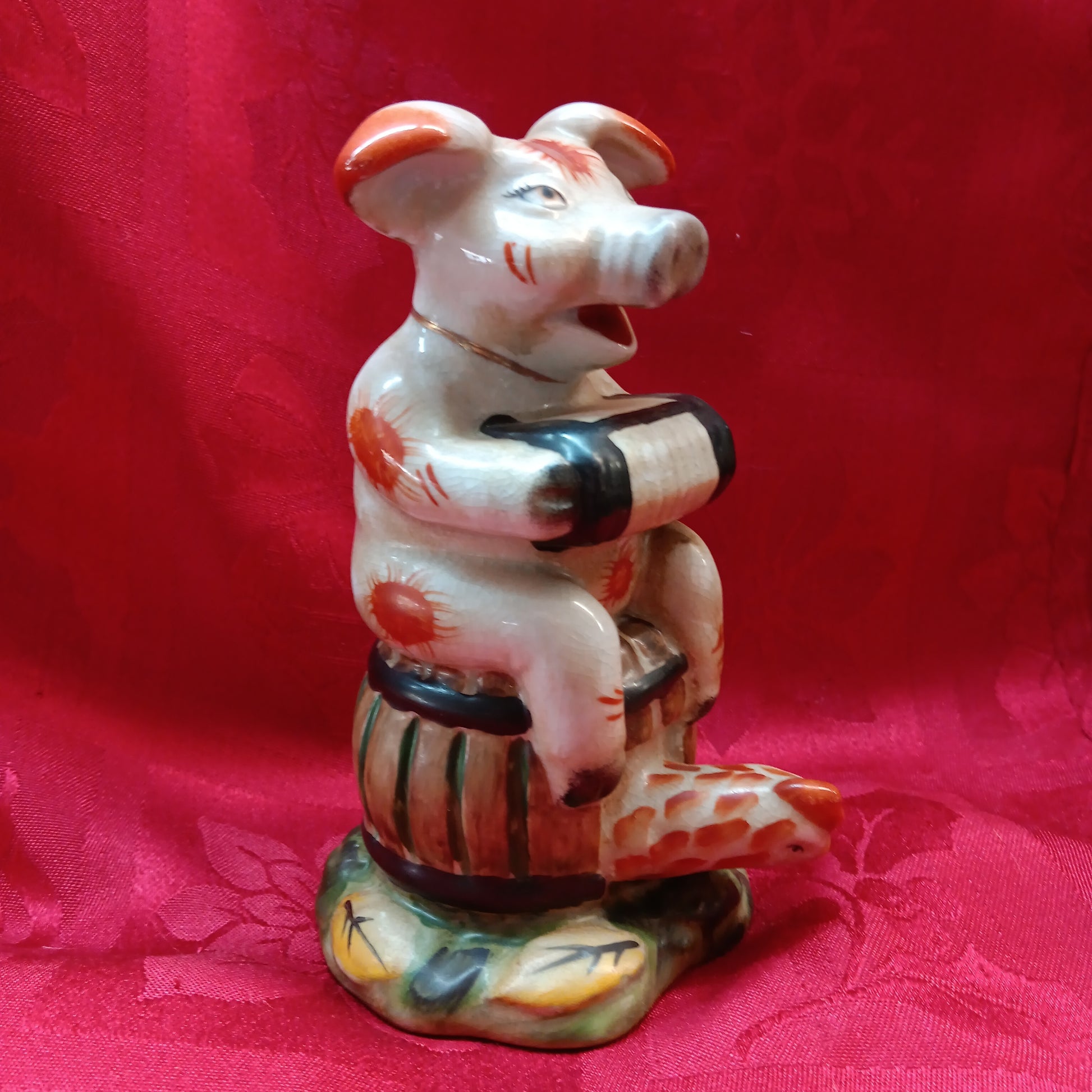 Staffordshire majolica musical pig playing accordion-Jantiques LLC.