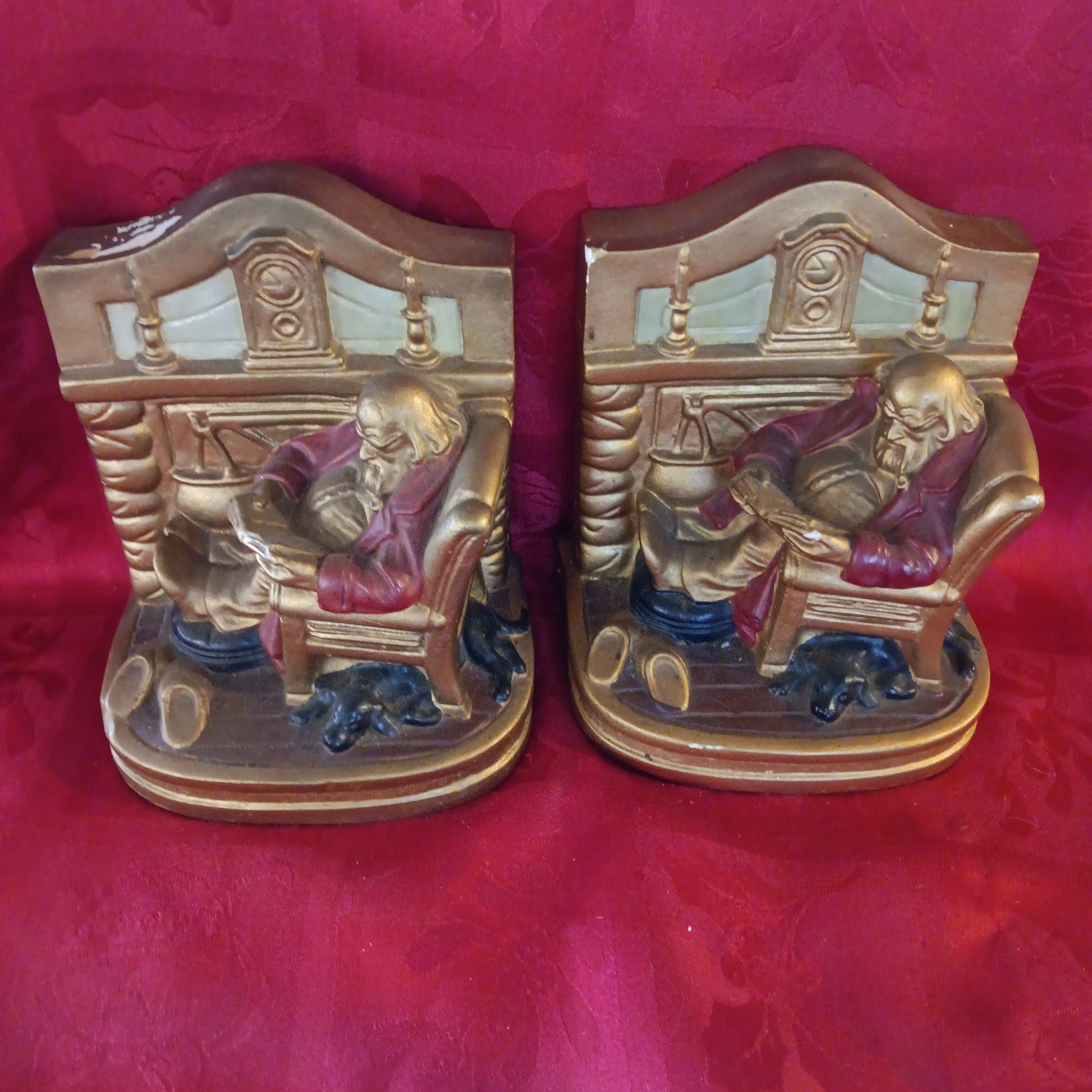 Reading Grandfather and Dog Ceramic Pair of Bookends-Jantiques LLC.