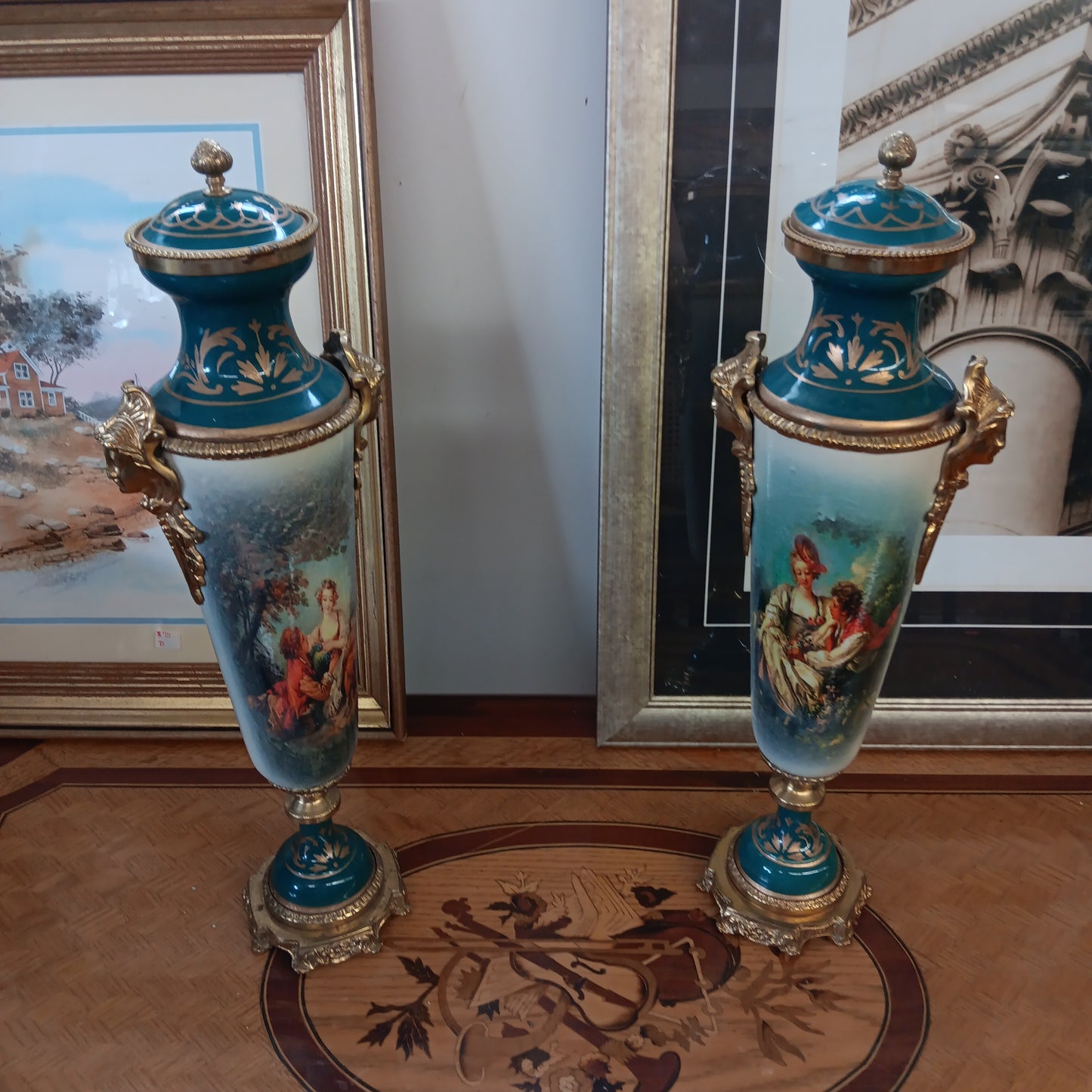 Green French Sevres porcelain and bronze urns-Jantiques LLC.