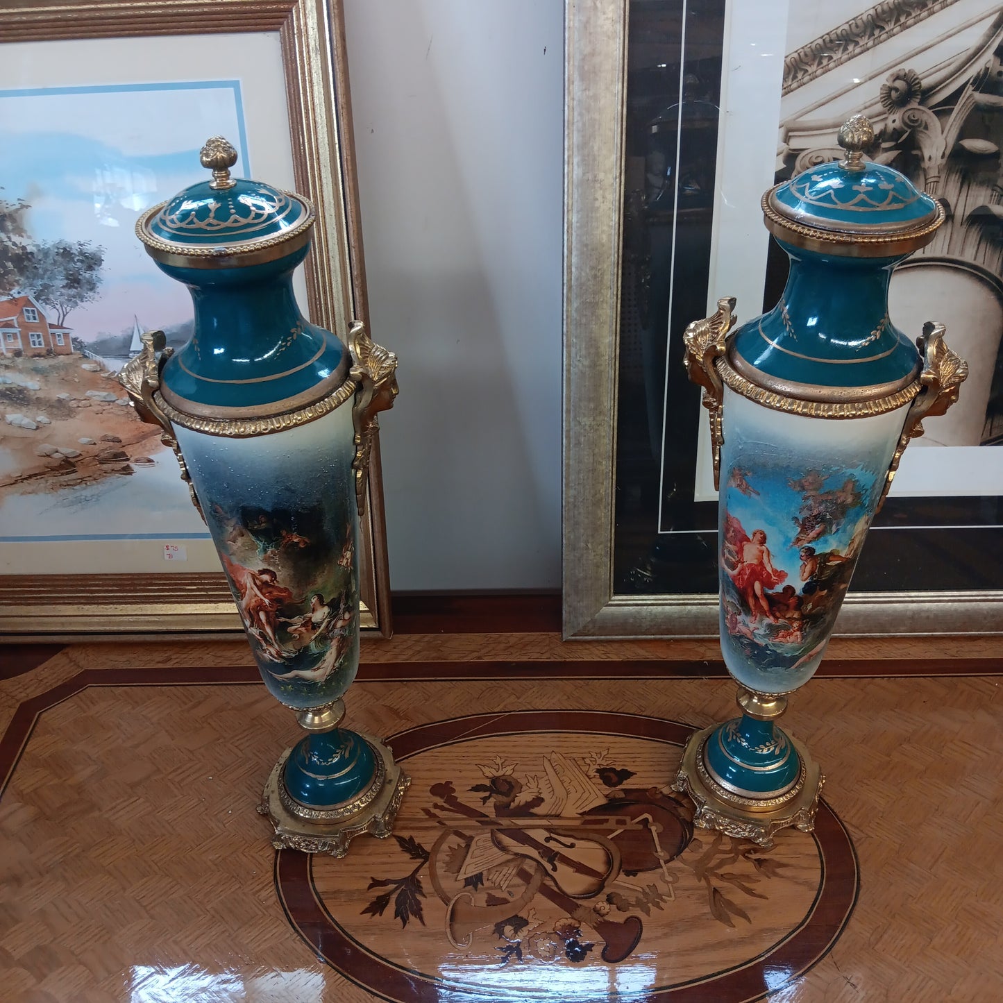 Green French Sevres porcelain and bronze urns-Jantiques LLC.