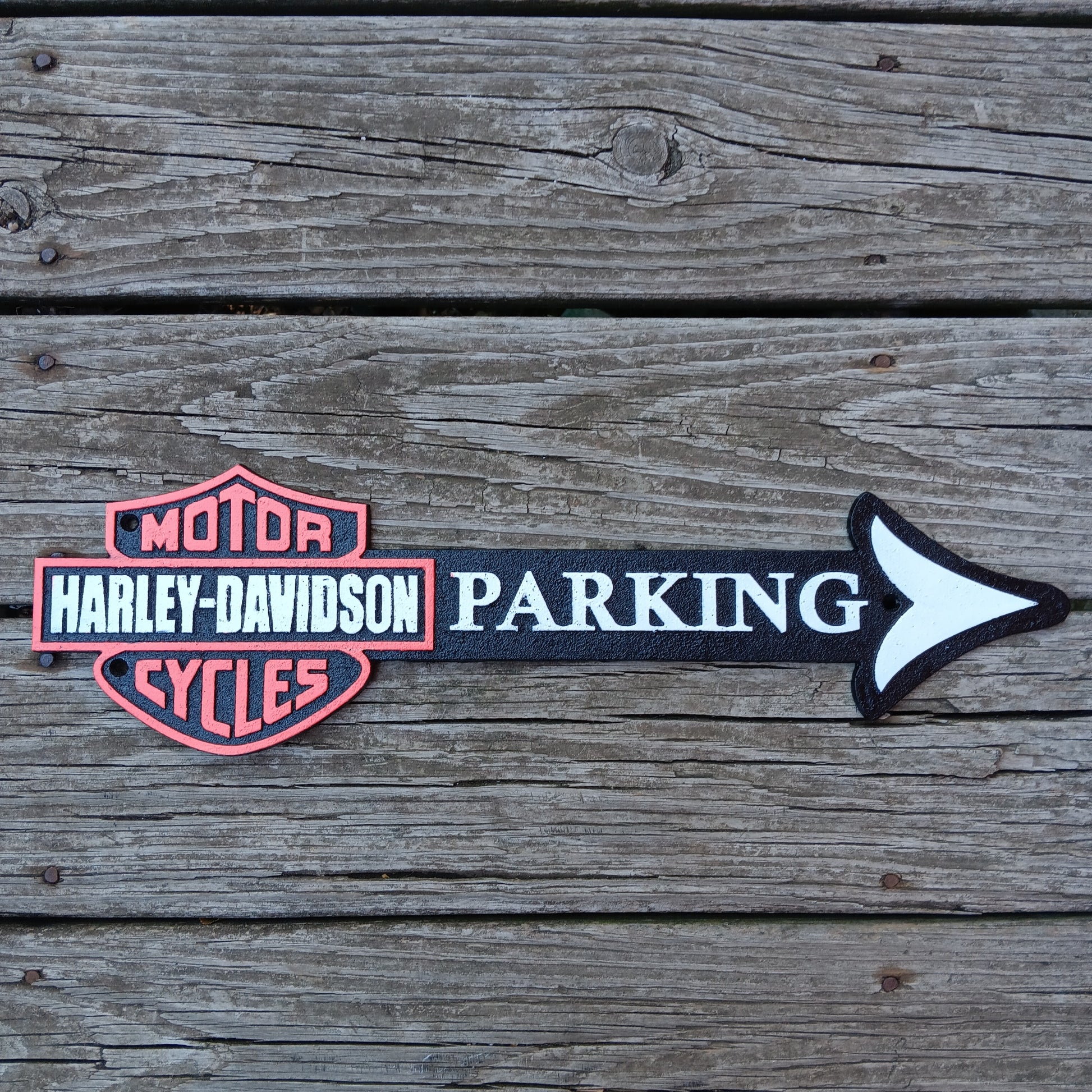 Harley-davidson cast iron parking sign.-Jantiques LLC.