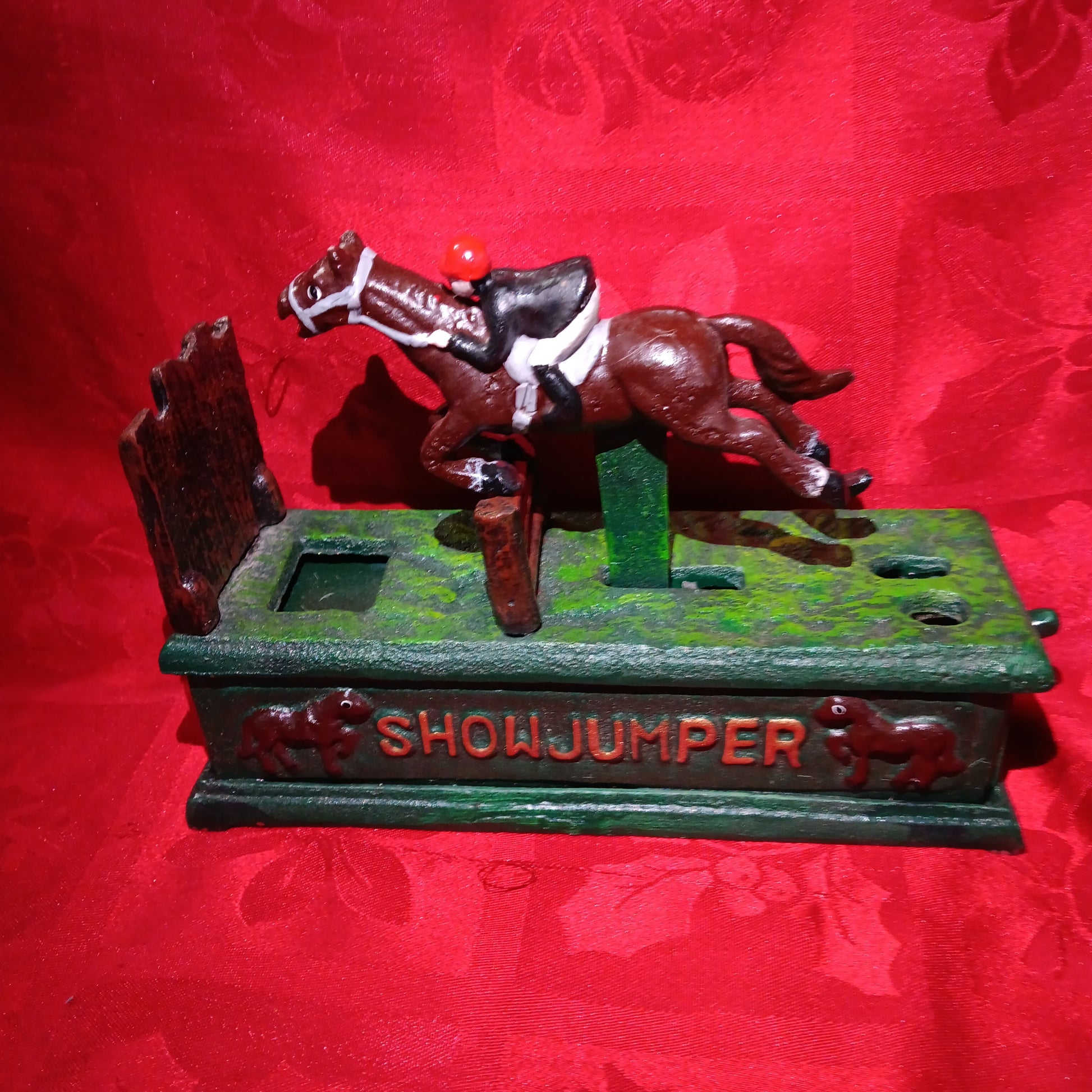 Show Jumper Horse Jockey Cast Iron Mechanical Coin Bank-Jantiques LLC.