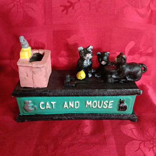 Cat and Mouse Cast Iron Mechanical Coin Bank-Jantiques LLC.