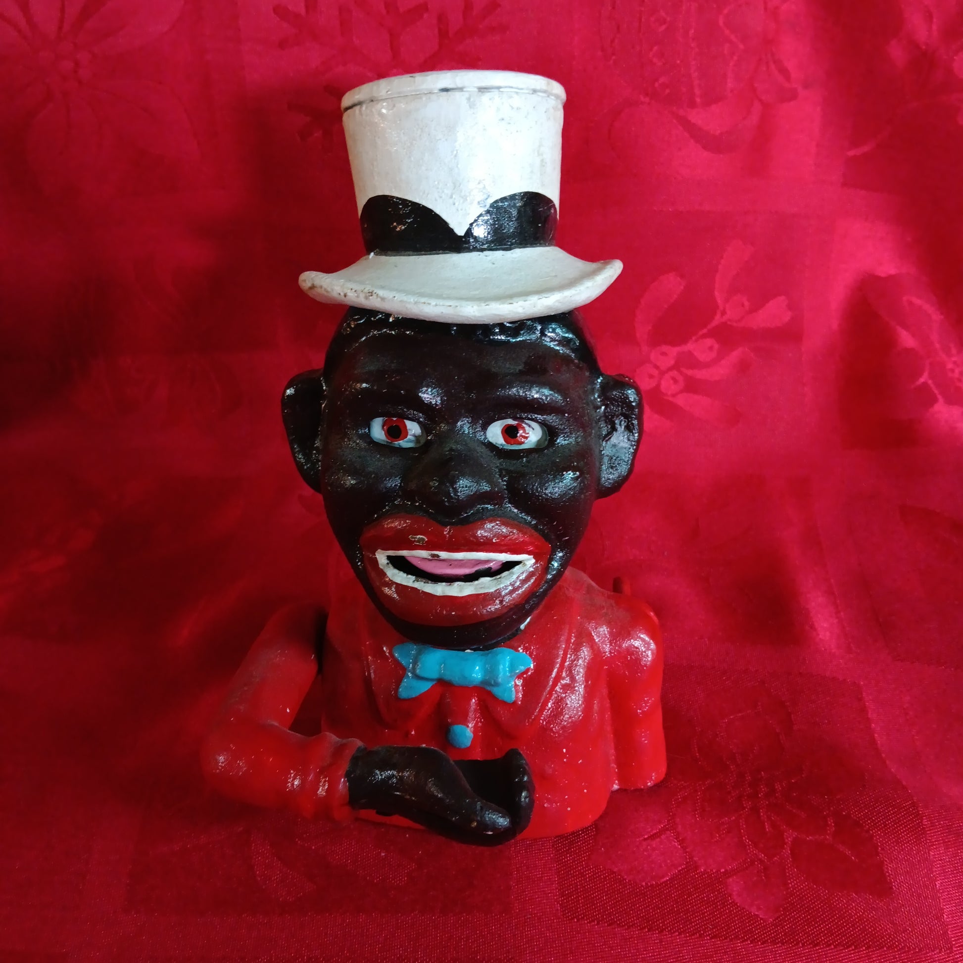 Cast Iron Mechanical Bank - Small Red Jolly Boy w/ Hat-Jantiques LLC.