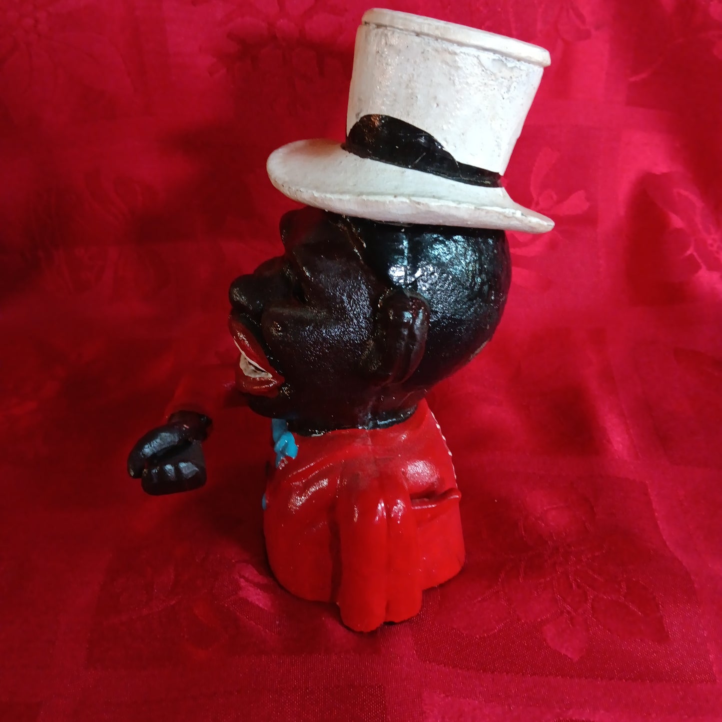 Cast Iron Mechanical Bank - Small Red Jolly Boy w/ Hat-Jantiques LLC.