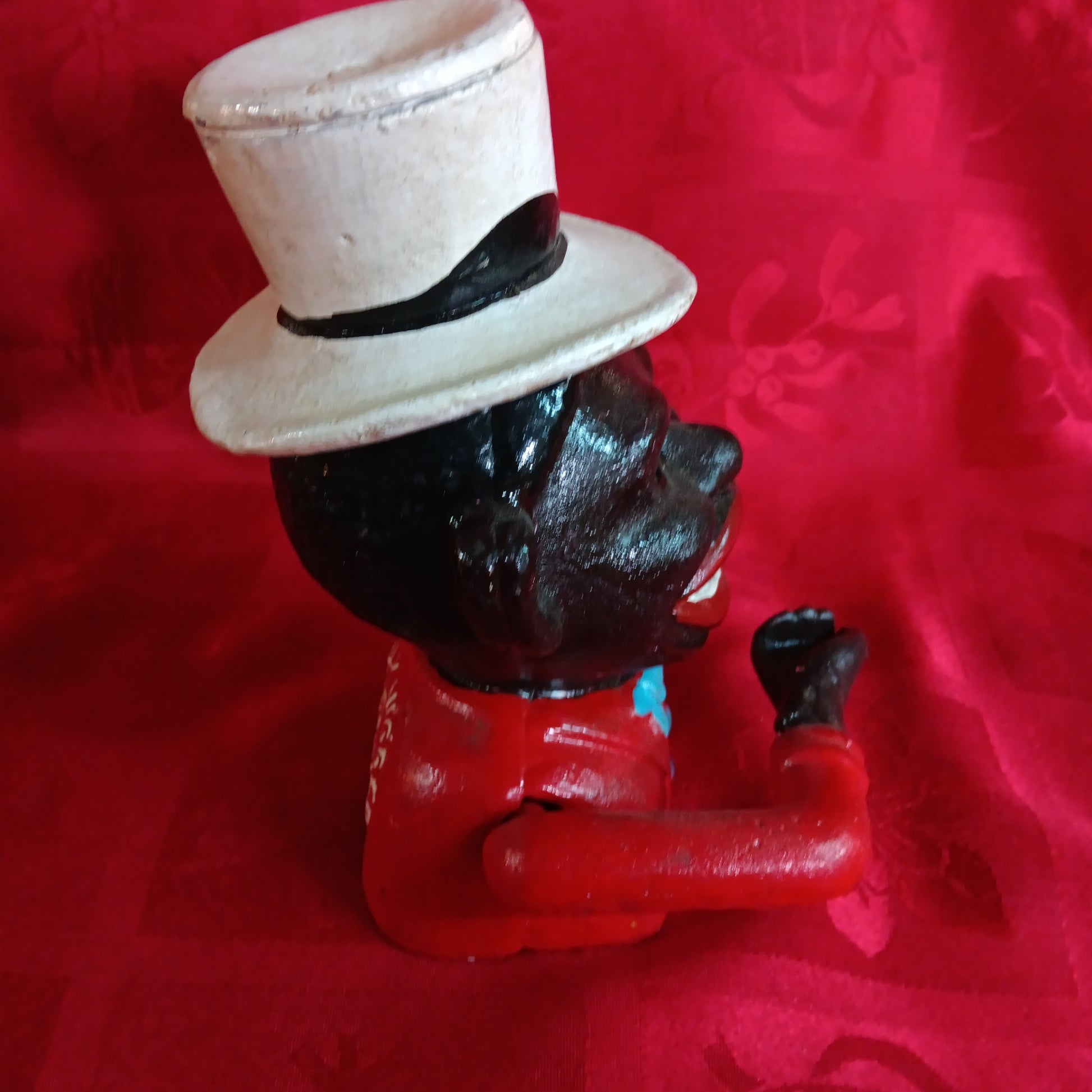 Cast Iron Mechanical Bank - Small Red Jolly Boy w/ Hat-Jantiques LLC.