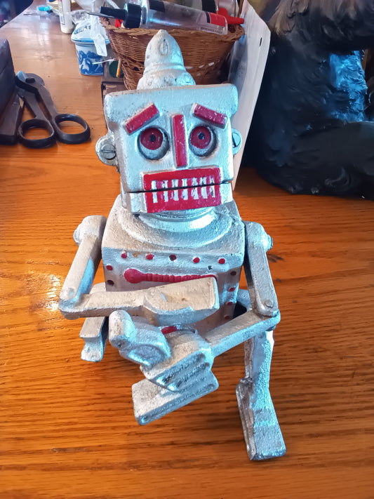 Cast Iron mechanical Robert the Robot Bank Silver