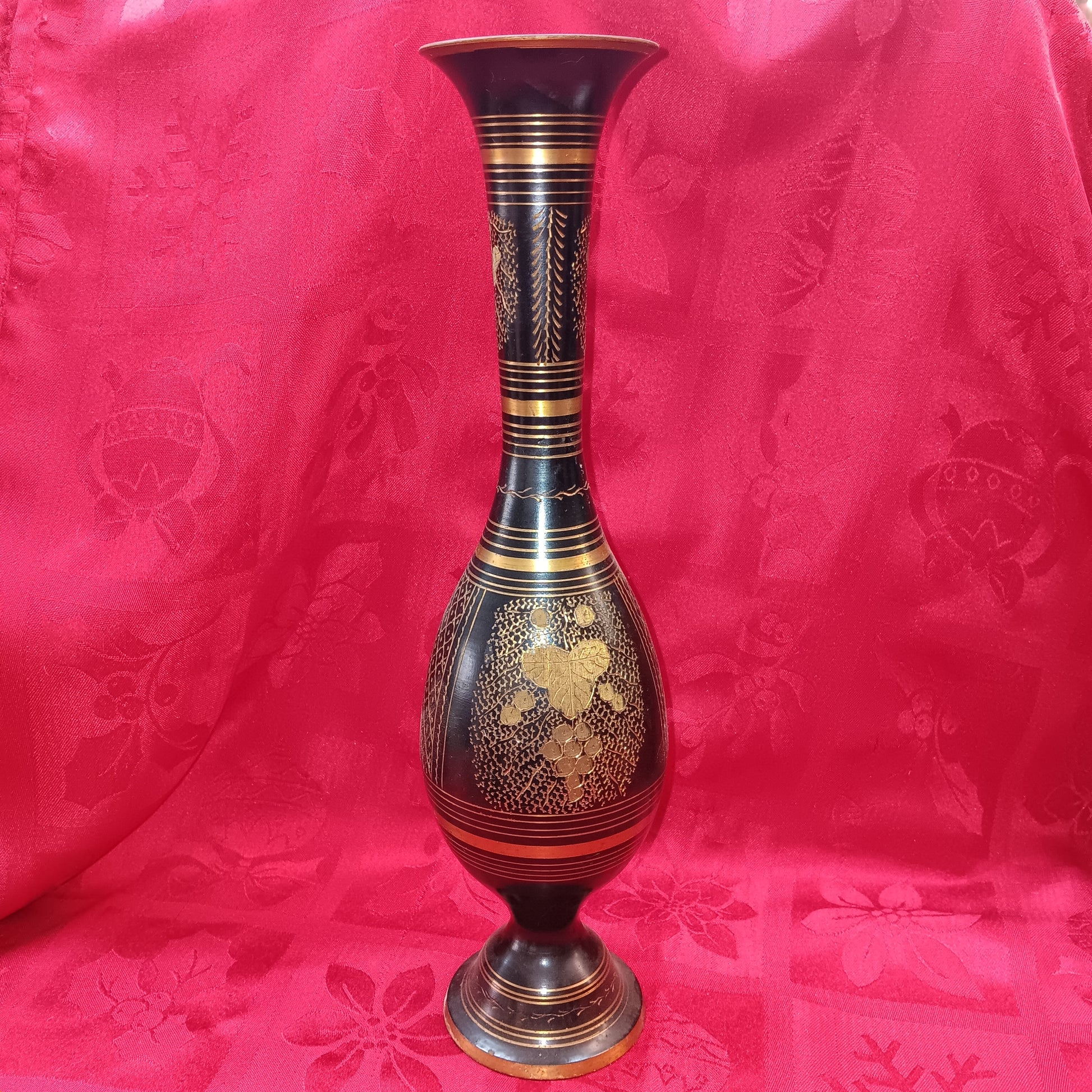 Vintage black & gold metal flower vase-Jantiques LLC.