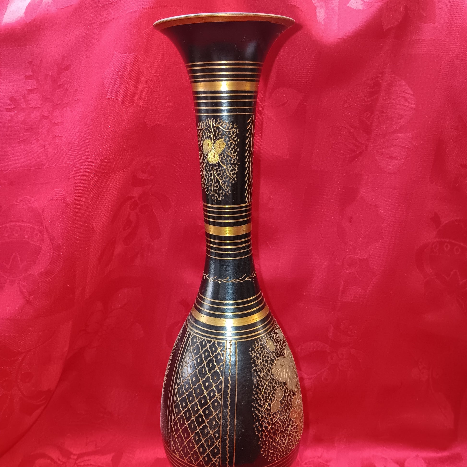 Vintage black & gold metal flower vase-Jantiques LLC.