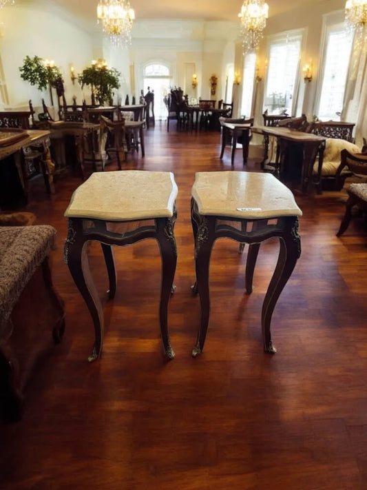 Pair of Louis XV Style Marble Top Bronze Mounted Side Tables – Cabriole Legs, 30” Tall