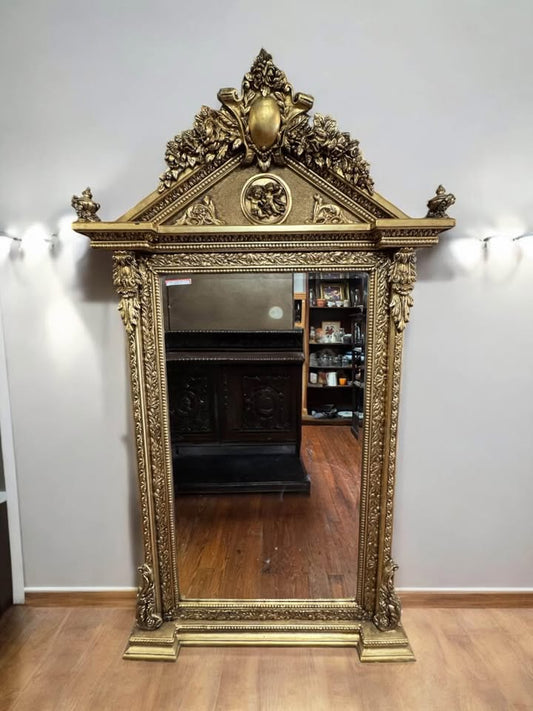 Grand Neoclassical Gold Gilt Mirror – Architectural Pediment Design with Cherubs & Laurel Detailing