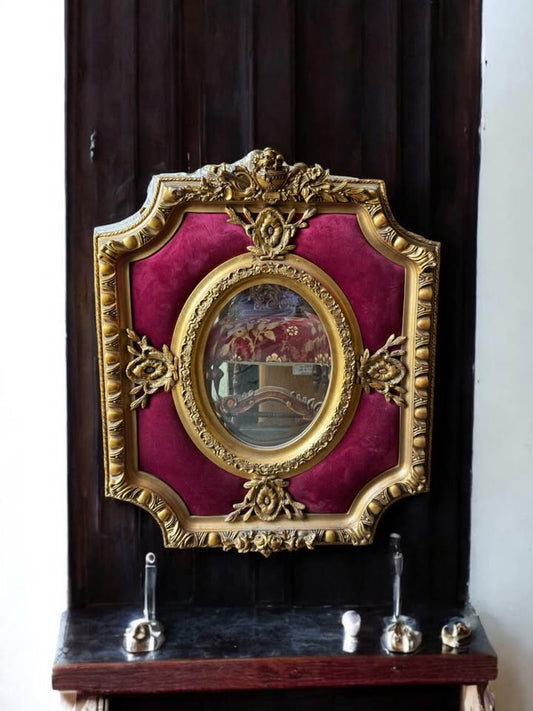 Gilt Mirror with Red Velvet & Oval Inset