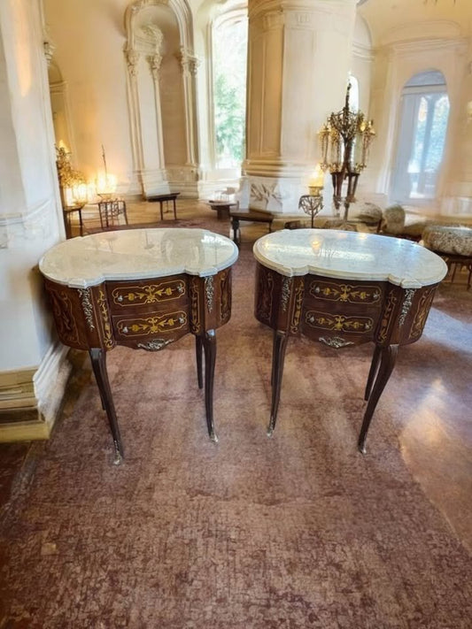 Pair of French Louis XV Style Marble-Top Side Tables – Inlaid with Ormolu Detail
