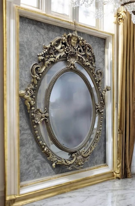 Monumental 8-Foot Gold Gilt Beveled Glass Mirror – Baroque Cherub & Masked Cartouche Frame