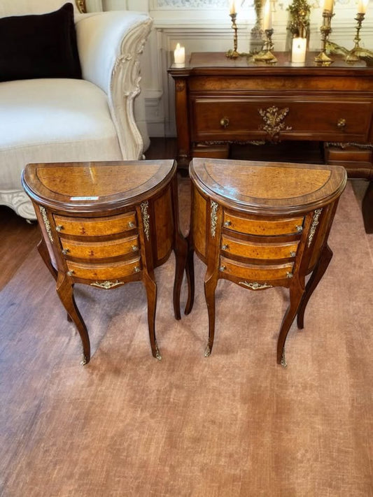 Pair of French Demi-Lune Side Tables – Ormolu Trim with 3 Drawers
