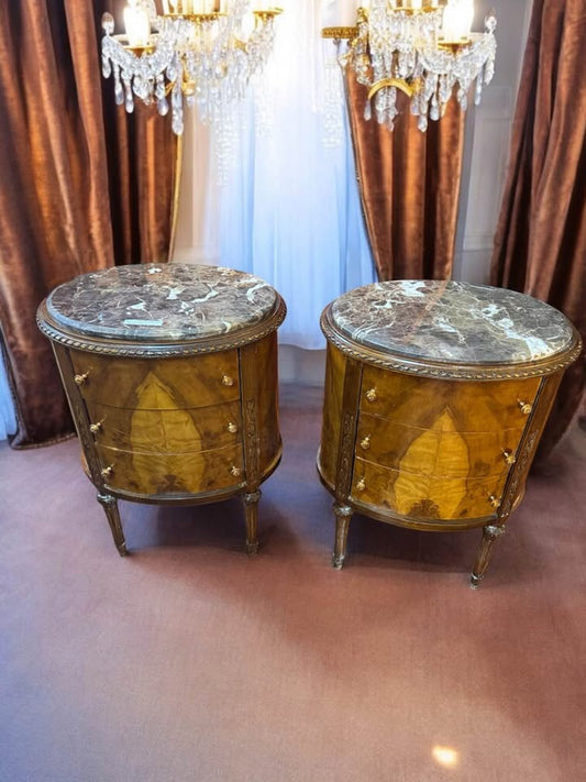 Pair of Vintage Marble Top Inlaid Side Tables – French Louis XVI Style
