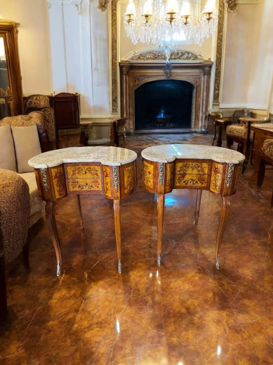 Pair of Inlaid Marble Top Louis XV Style Side Tables – Floral Marquetry, 30” Tall