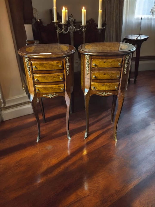 Pair of Petite Louis XV Bombe Side Tables with Ormolu & Inlay