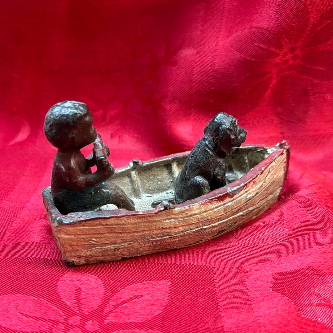 Lead Black Americana Watermelon Boy With Dog in boat-Jantiques LLC.