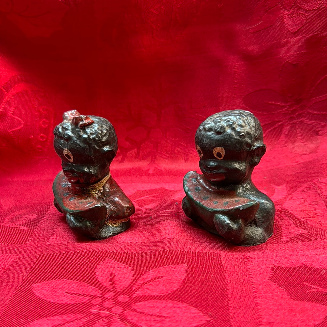 Lead Black Americana Watermelon boy & girl paperweight set-Jantiques LLC.