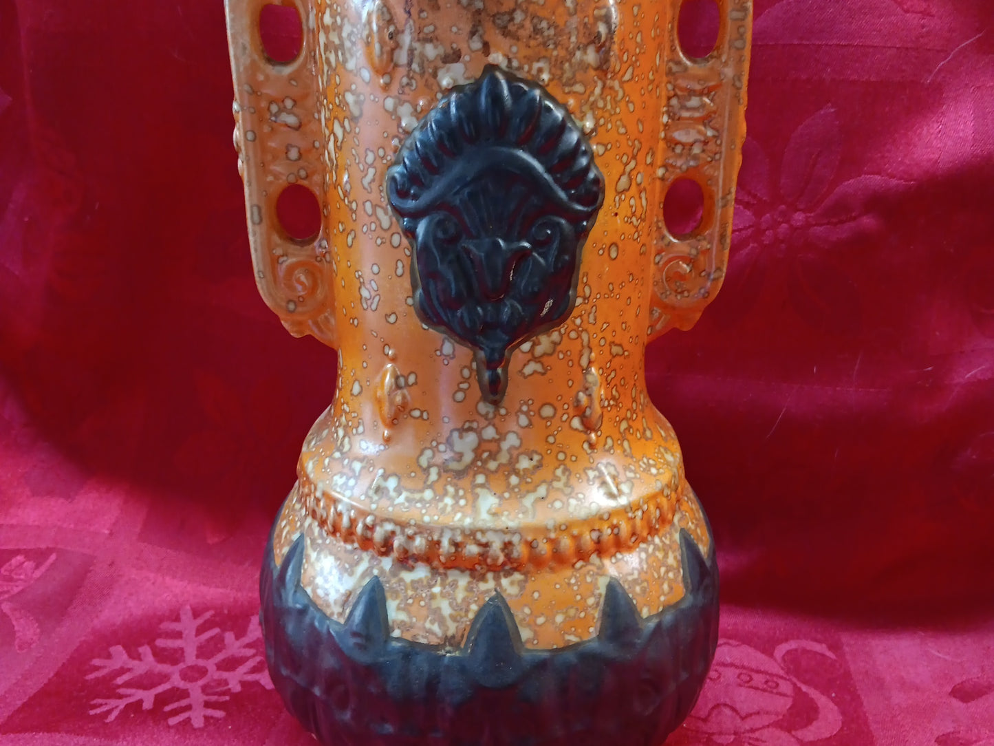 Czech Alienware 2 handled Vase in Black & Orange Art Deco Art Pottery-Jantiques LLC.