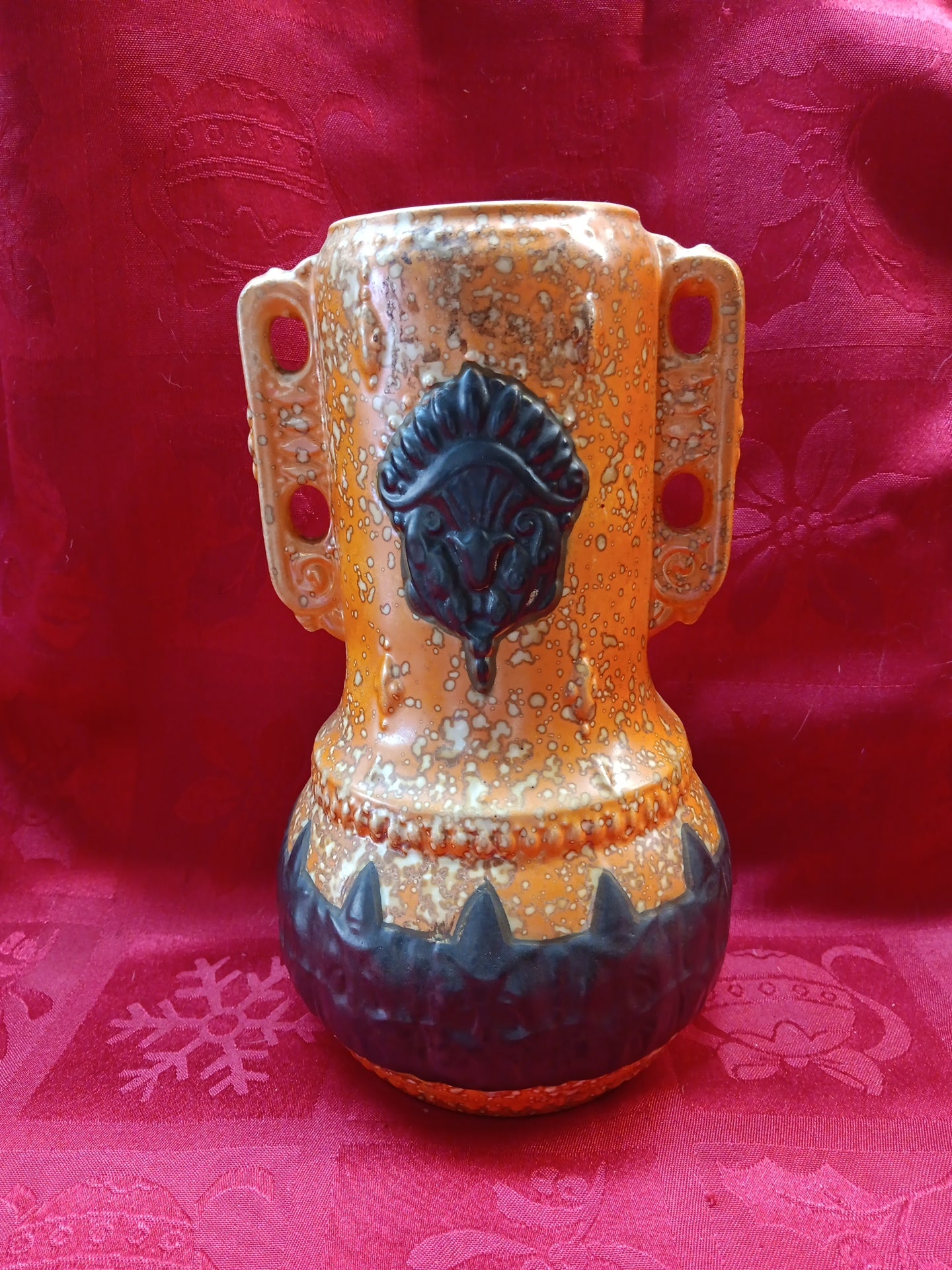 Czech Alienware 2 handled Vase in Black & Orange Art Deco Art Pottery-Jantiques LLC.